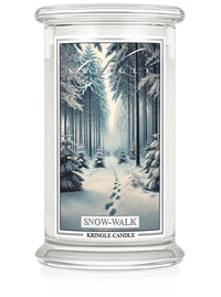 Kringle Candle large jar, "Snow-Walk" scent, featuring a snowy forest scene with footprints on the label.