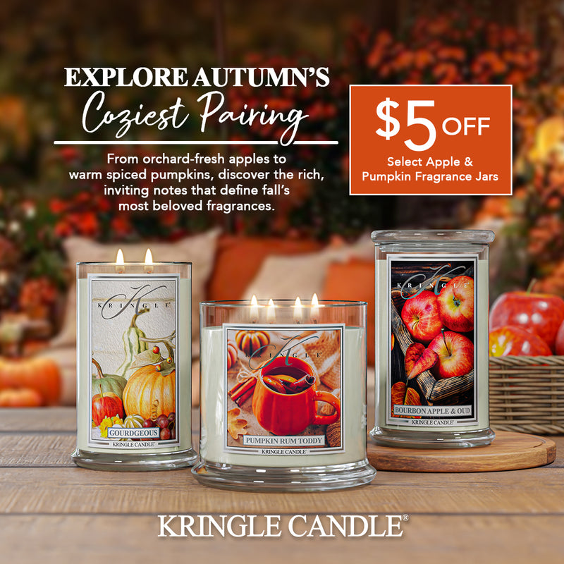 Kringle Candle autumn-themed candles with promotional text and discount offer.