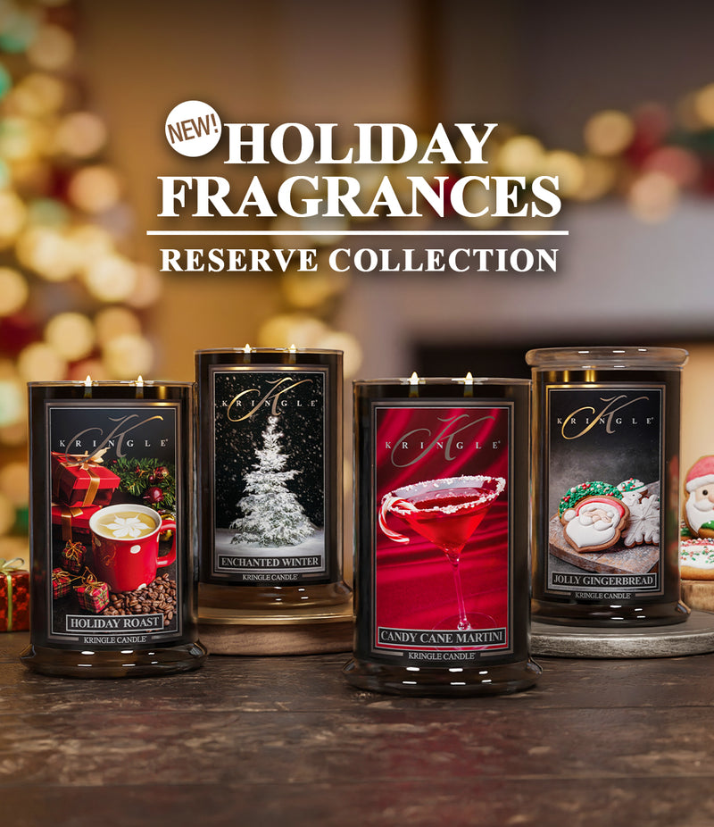 Kringle Candle holiday fragrances with festive designs on a blurred background