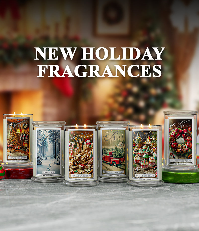 Row of holiday-themed candles with a festive background