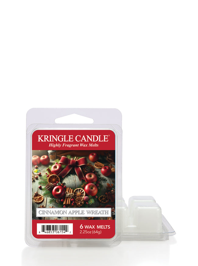 Kringle Candle Cinnamon Apple Wreath wax melts pack, featuring six fragrant squares, 2.25oz, with festive apple design.