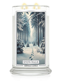 "Kringle Candle Snow-Walk large jar with snowy forest path label and dual wicks."