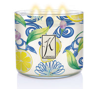 Kringle Candle Aegean Zest Large 3-Wick Candle – A wide glass jar candle with a metallic lid, featuring an elegant watercolor-inspired design of lemons, green leaves, and swirling blue floral patterns. The ‘Kringle’ logo is displayed in the center on a rectangular label. The candle contains white wax, housed in a decorative jar that complements its fresh, citrus fragrance.