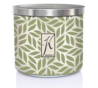 Decorative candle tin with a leaf pattern in green and cream, featuring a large "K" logo and the word “Kringle” on the front.