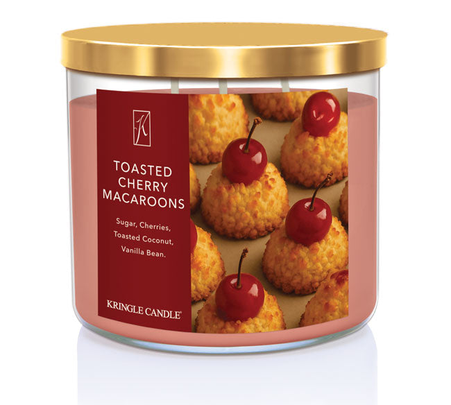 Kringle Candle Toasted Cherry Macaroons candle with a gold lid on a white background