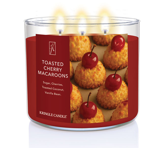 Kringle Candle Toasted Cherry Macaroons candle with a red label on a white background