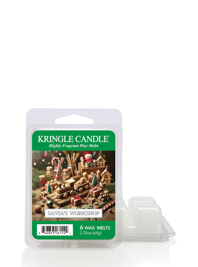 "Kringle Candle Santa's Workshop wax melts, 6-pack, showing festive holiday design with toys and candy canes."
