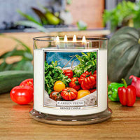 Kringle Candle jar labeled "Garden Fresh" with an image of tomatoes and greens on the front.