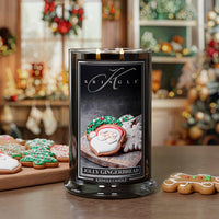 Kringle Candle with gingerbread design on a festive background