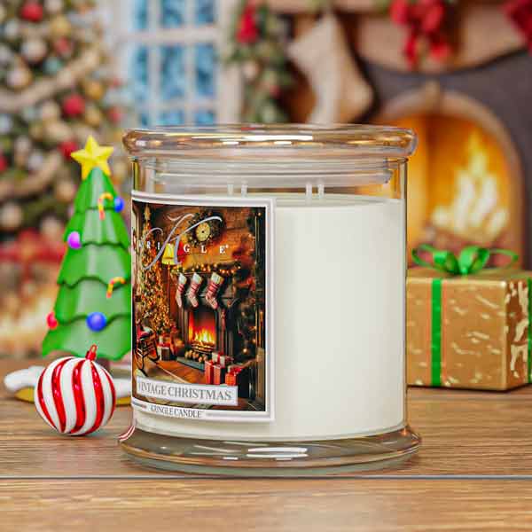 Christmas-themed candle with a festive label on a wooden surface, surrounded by holiday decorations.