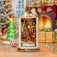 Kringle Candle Vintage Christmas candle  in a Christmas-themed container with festive background