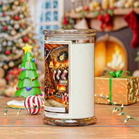 Decorative Vintage Christmas candle with a Christmas-themed label in a festive setting with a tree, presents, and lights.