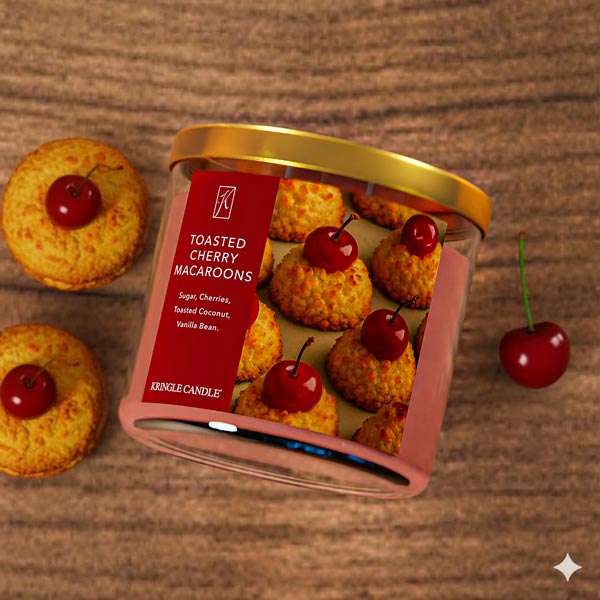 Jar of toasted cherry macaroons with a red label on a wooden surface