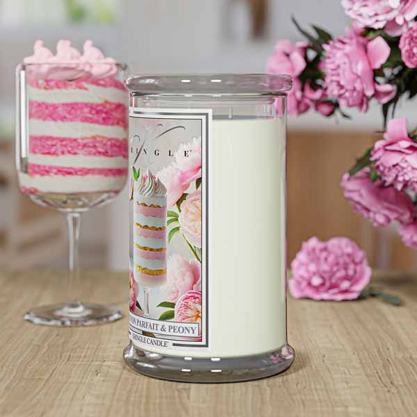 Glass candle jar Chiffon Parfait & Peony with layered dessert and pink peonies.