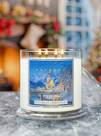 Kringle Candle Bavarian Christmas 4-wick candle with a festive wintertime with a church label on a marble surface, blurred holiday background in a home