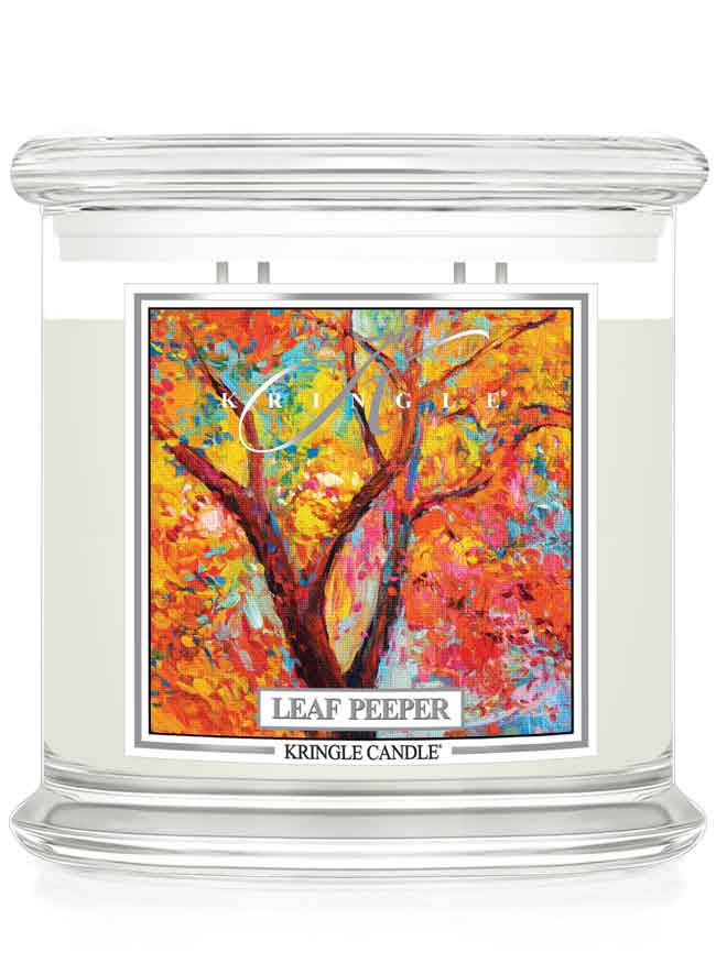 Kringle Candle with colorful leaf design and 'Leaf Peeper' text 4-wick candle label