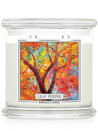 Kringle Candle with colorful leaf design and 'Leaf Peeper' text 4-wick candle label