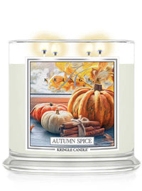Kringle Candle Autumn Spice 4-wick candle with pumpkins and cinnamon sticks on the label