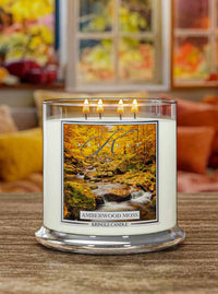 Lit XL 4-wick candle, Amberwood Moss. Label features an autumn forest with a flowing stream among mossy rocks.