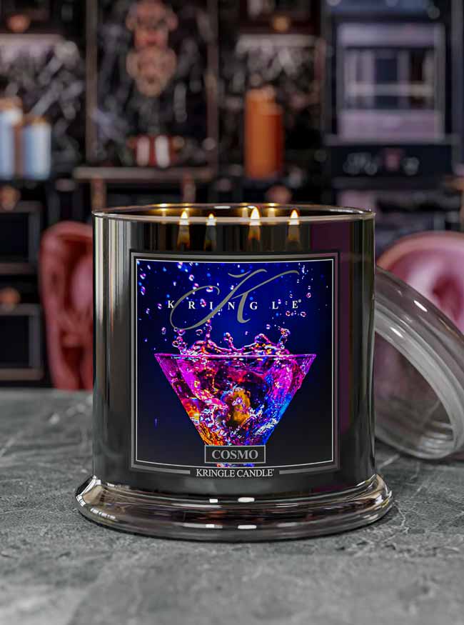 Kringle Candle Cosmo in a decorative holder with colorful label