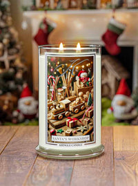 Kringle Candle in a decorative holder with Christmas-themed design on a wooden table.
