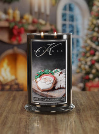Kringle Candle with gingerbread design on a wooden surface with festive background