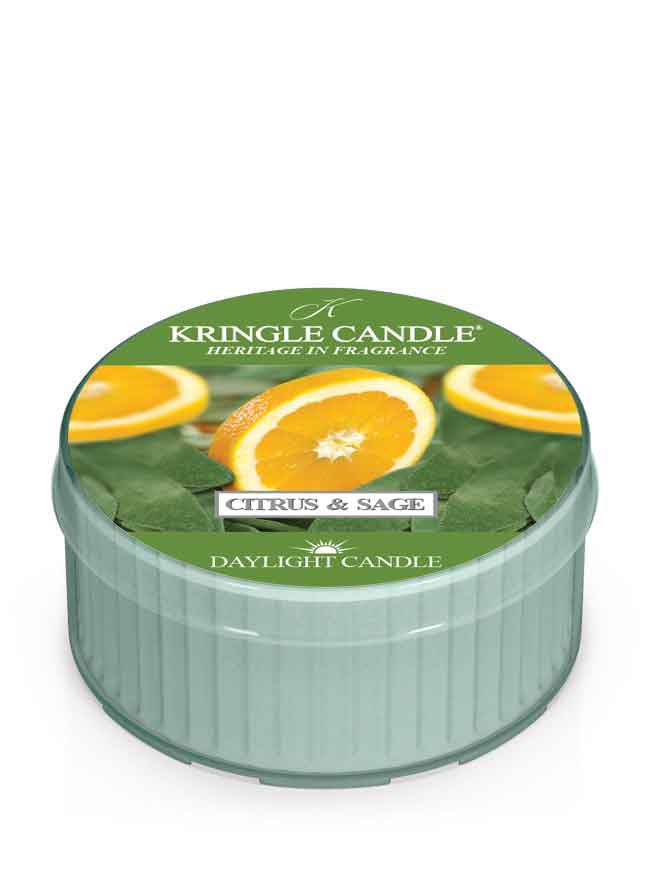 Kringle Candle Citrus & Sage daylight candle on a white background