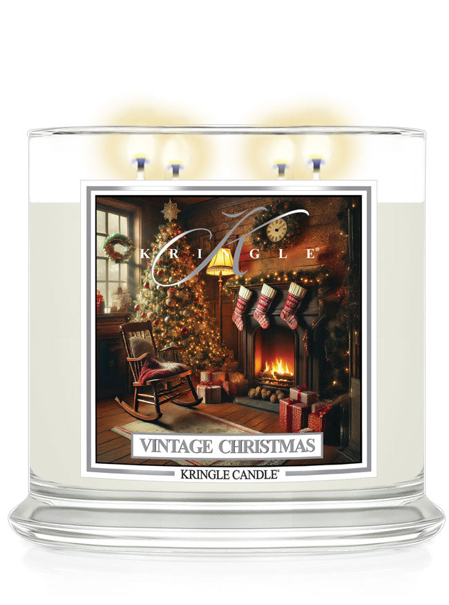 Kringle Candle's "Vintage Christmas," a 4-wick candle with a cozy holiday scene of a decorated room and fireplace.