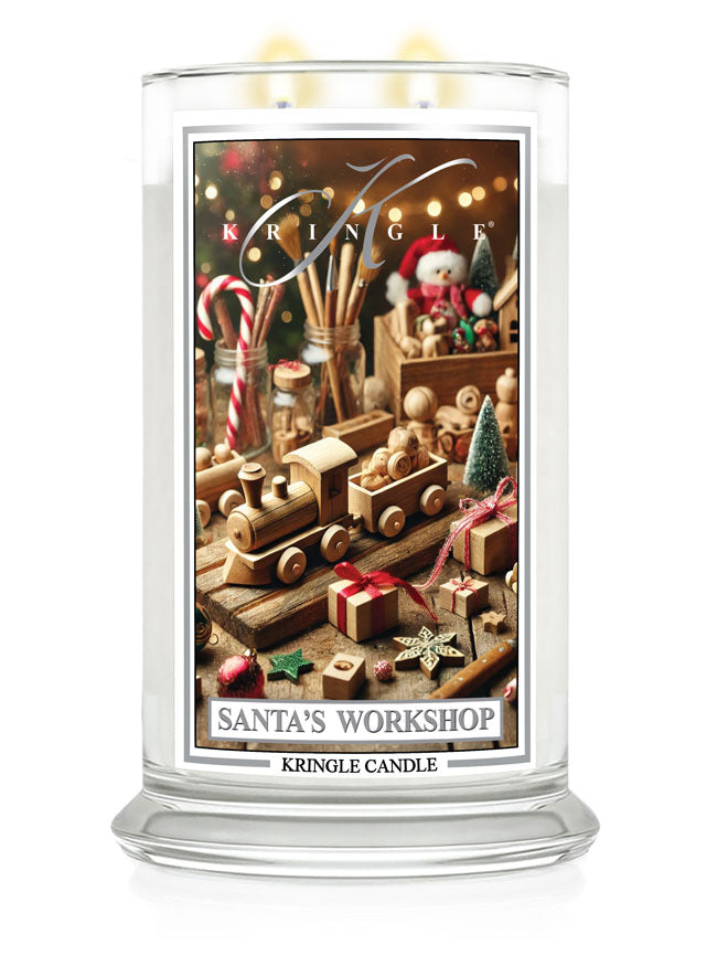 "Kringle Candle's Santa's Workshop large jar with a festive label featuring toys, candy canes, and a Santa figure."