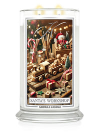 "Kringle Candle's Santa's Workshop large jar with a festive label featuring toys, candy canes, and a Santa figure."