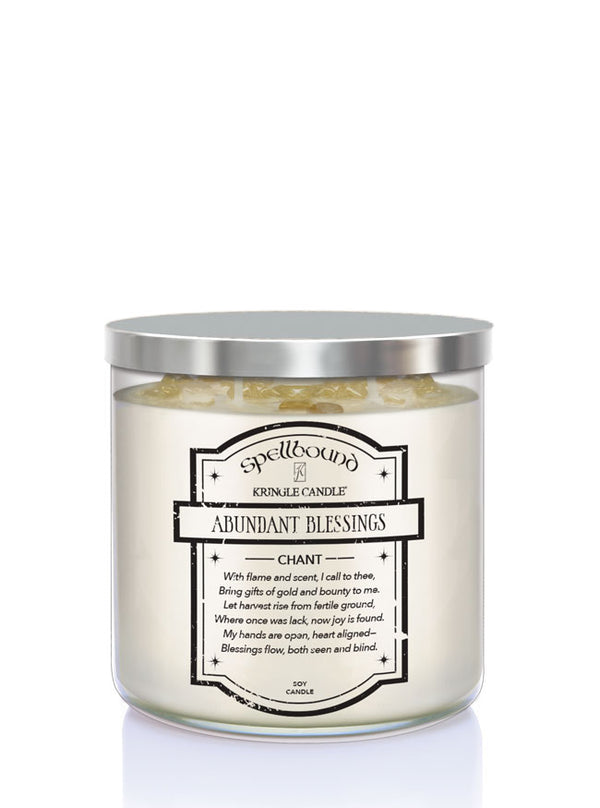 Abundant Blessings Scented Candle with a metallic lid and label on a white background
