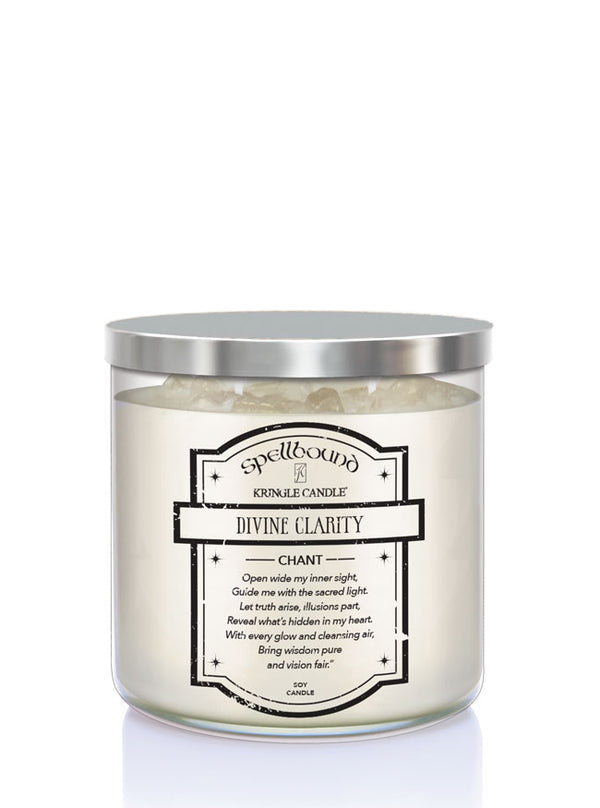 Spellbound Kringle Candle labeled 'Divine Clarity' on a white background showing back of candle