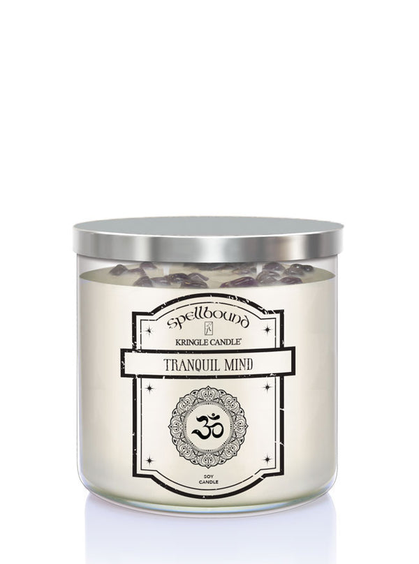 Tranquil Mind Scented 2-wick Candle with a white background and silver lid, shows front of candle.
