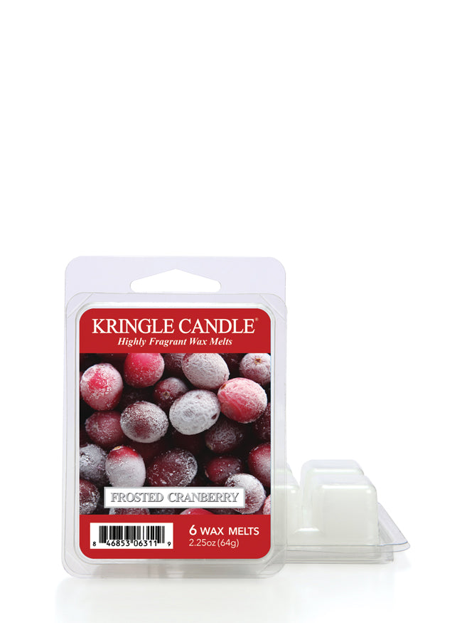 Package of Kringle Candle wax melts, labeled "Frosted Cranberry," featuring an image of frosted cranberries.