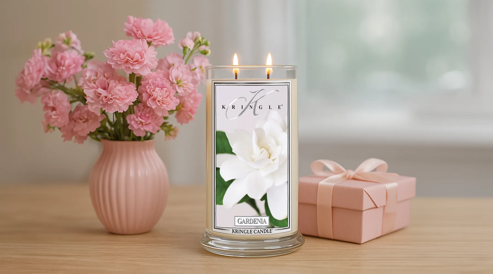 Kringle Candle Gardenia candle with 2 flames lit, placed on a wooden table beside a pink vase of carnations and a pink ribbon-wrapped gift box in a softly lit room.