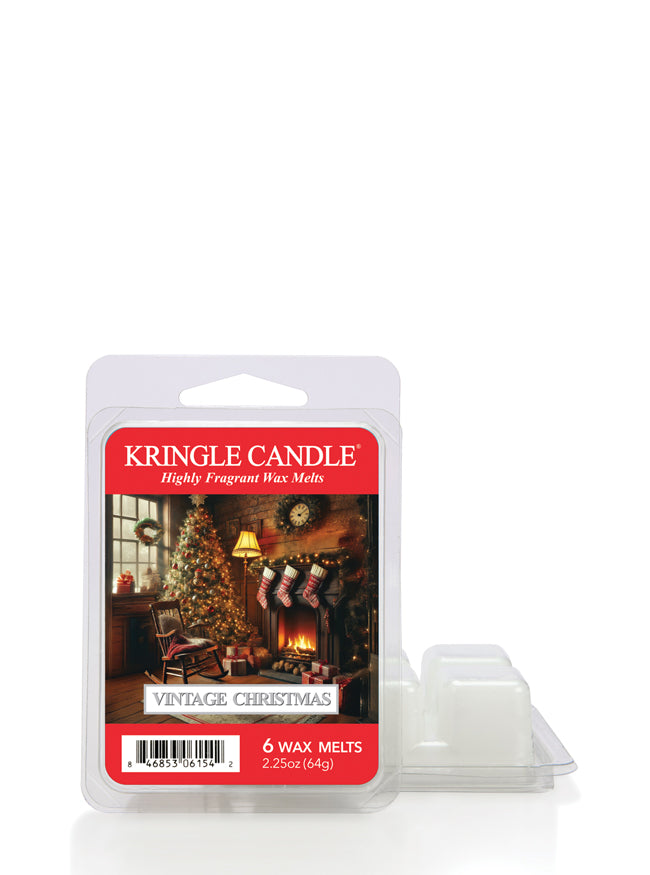 "Kringle Candle wax melts, Vintage Christmas scent, in a 6-pack with festive packaging showing a cozy holiday scene."