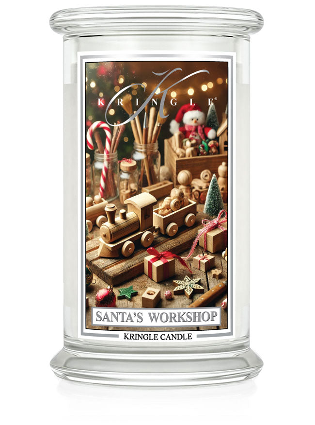 Kringle Candle, large jar labeled "Santa's Workshop," features festive Christmas toys and decorations on the label.