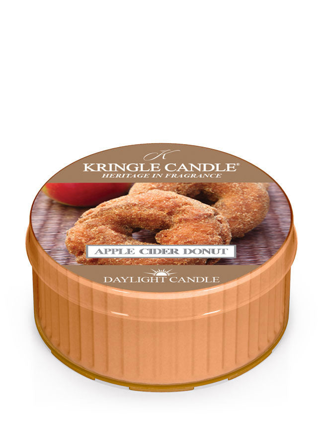 Kringle Candle Apple Cider Donut scented candle on a white background