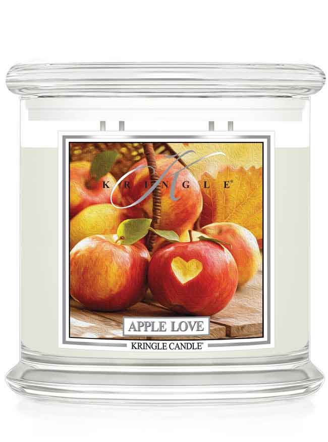 Kringle Candle with 'Apple Love' design featuring apples on a white background