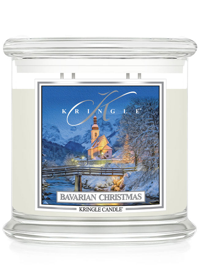 Kringle Candle with Bavarian Christmas 4-wick candle with a winter background and church design label.