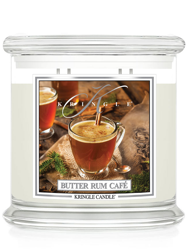 Kringle Candle Butter Rum Cafe candle with a glass of butter rum on the label.