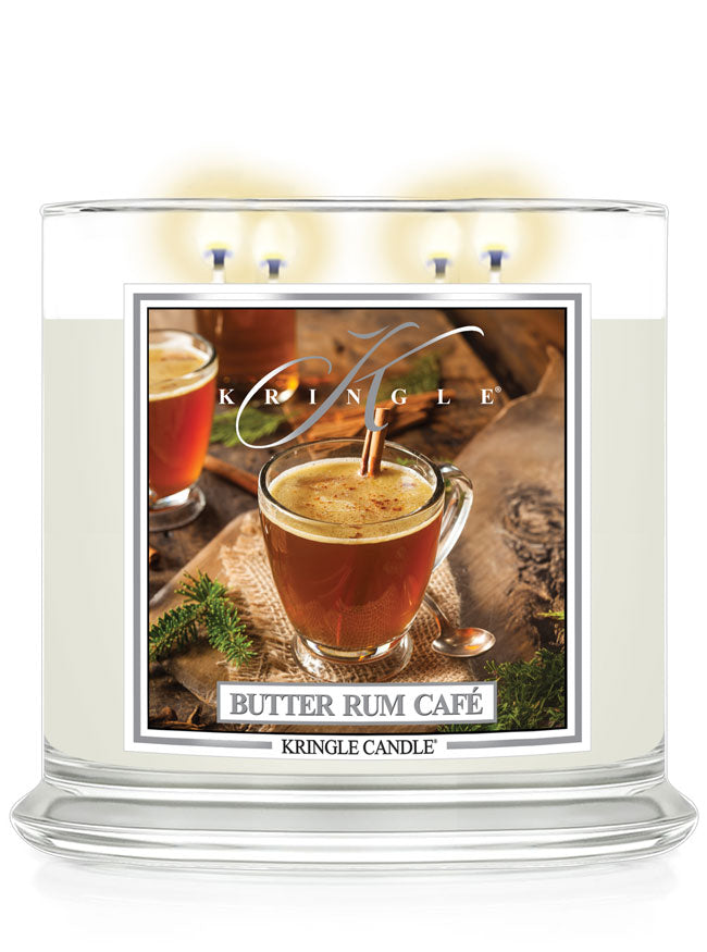 Kringle Candle Butter Rum Cafe with a glass of butter rum on the label