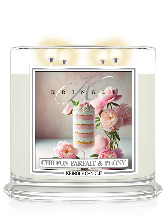 A glass jar candle labeled "Chiffon Parfait & Peony" with an image of a parfait and pink peonies.