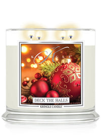 Kringle Candle 'Deck the Halls' with festive design on a white background