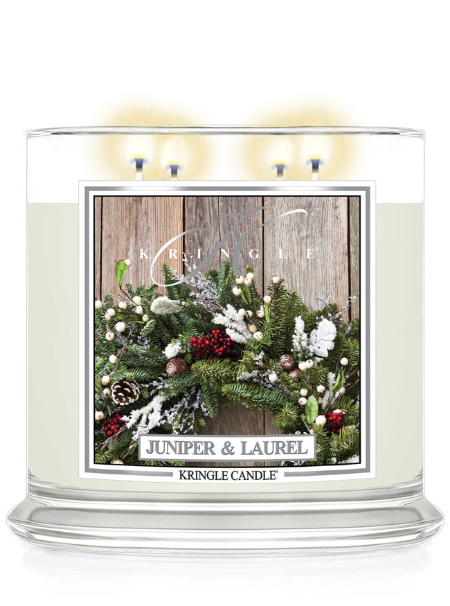 Kringle Candle with 'Juniper & Laurel' design on a white background
