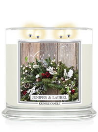 Kringle Candle with 'Juniper & Laurel' design on a white background