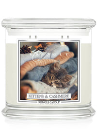 Kringle Candle with a kitten and cashmere 4-wick candle with a kitten label on a white background