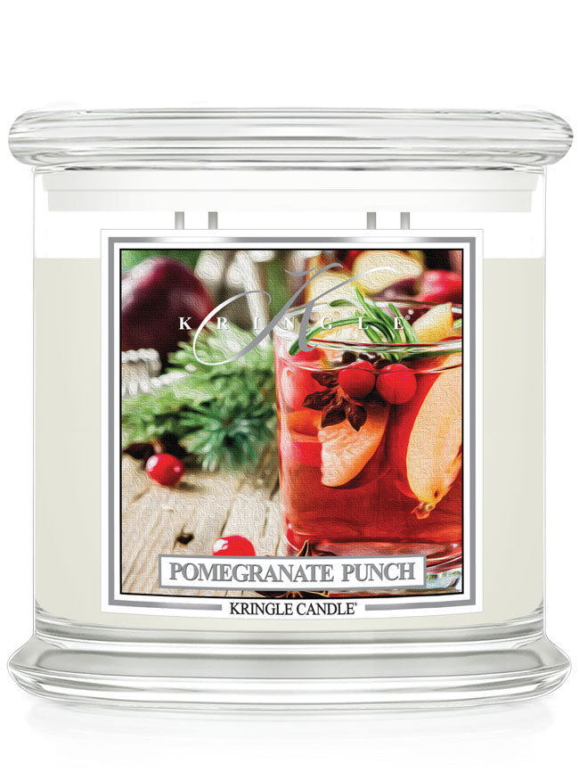 Kringle Candle Pomegranate Punch candle with a festive design on the label.