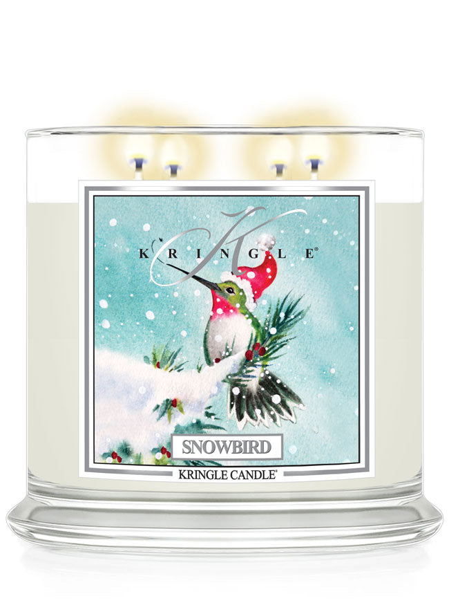 Kringle Candle Snowbird 4-wick candle with a hummingbird design on a white background