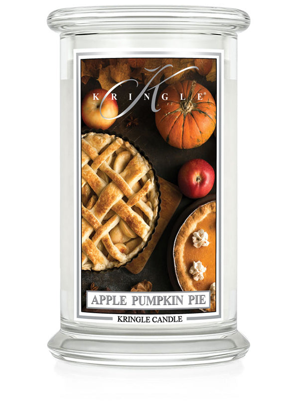 Kringle Candle with 'Apple Pumpkin Pie' label on a white background